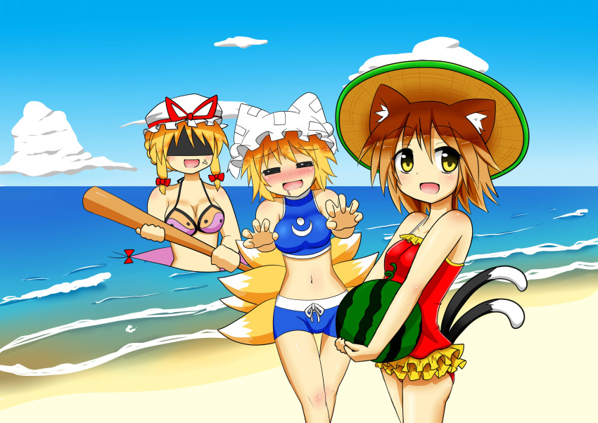 3girls =_= absurdres alternate_costume anger_vein animal_ears baseball_bat beach bikini blue_sky blush bow breasts brown_hair cat_ears cat_tail chen cleavage clouds drooling food fox_tail frilled_swimsuit frills fruit gap hair_bow hat hat_ribbon hat_with_ears highres looking_at_another looking_away mob_cap multiple_girls multiple_tails navel ocean one-piece_swimsuit open_mouth payot rapisumeron ribbon shaded_face short_hair sky sports_bikini straw_hat swimsuit tail touhou watermelon yakumo_ran yakumo_yukari yellow_eyes yin_yang