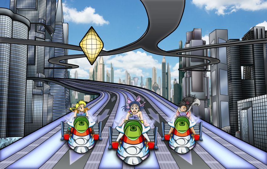 bianca black_hair blonde_hair blue_eyes blue_hair braid cape choker cleavage crossover deborah dragon_quest dragon_quest_v dress driving earrings flora hair_flower hair_ribbon highway jewelry motor_vehicle multiple_girls open_mouth professormegaman racing rockman_x sitting