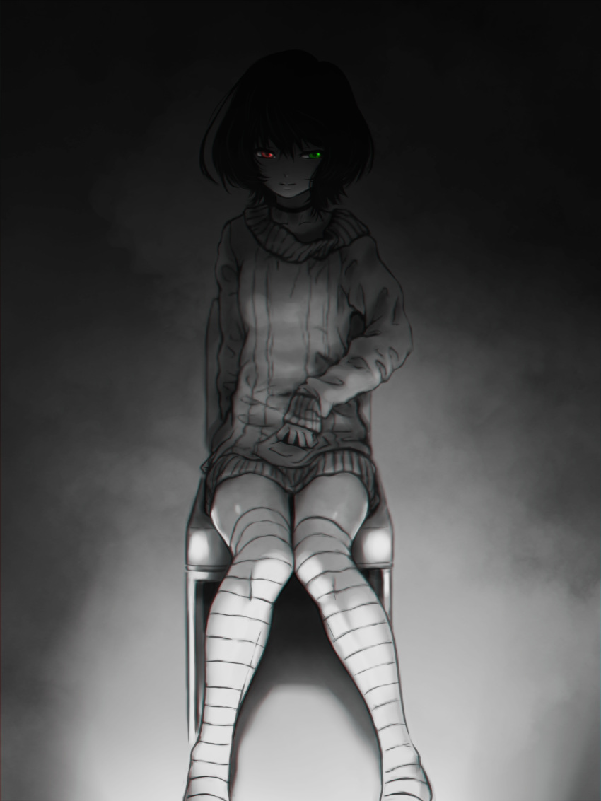 1girl another black_hair chair drawfag green_eyes heterochromia highres knees_together_feet_apart light_smile misaki_mei partially_colored red_eyes ribbed_sweater shadow short_hair sitting solo spot_color striped striped_legwear sweater sweater_dress thigh-highs turtleneck