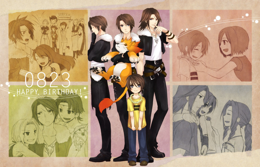 &gt;_&lt; 6+boys 6+girls :&lt; :d aerith_gainsborough birthday birthday_cake brown_hair butz_klauser cake child claws dated dissidia_final_fantasy ellone final_fantasy final_fantasy_ix final_fantasy_v final_fantasy_vii final_fantasy_viii food gloves grin hand_on_head happy_birthday hiryuu_(kana_h) hug irvine_kinneas jacket jewelry kingdom_hearts moomba multiple_boys multiple_girls multiple_persona necklace open_mouth quistis_trepe rinoa_heartilly scar seifer_almasy selphie_tilmitt shoes smile squall_leonhart t-shirt tail time_paradox xd young yuffie_kisaragi zell_dincht zidane_tribal