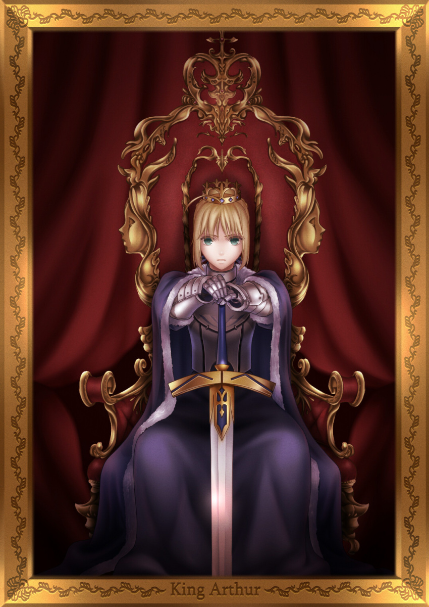 1girl ahoge armor armored_dress blonde_hair cape crown dress excalibur fate/stay_night fate_(series) framed gauntlets green_eyes highres nuruhachi_(honki) painting_(object) planted_sword planted_weapon saber solo sword throne weapon