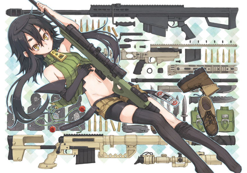 1girl ai_arctic_warfare anti-materiel_rifle argyle argyle_background barrett barrett_m82 belt bike_shorts black_legwear bolt_action boots bullet bullet_hole cheytac_m200 combat_knife elbow_gloves gloves gun holding knife long_hair midriff navel nike_(smaaaash) open_fly original outline rifle scope shenwu_(nike) shoes_removed shorts silhouette_target sniper_rifle solo striped striped_legwear swiss_army_knife thigh-highs thighhighs_pull turtleneck unzipped vertical_stripes weapon yellow_eyes