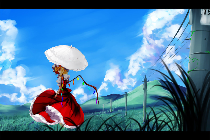 1girl blonde_hair blue_sky clouds expressionless flandre_scarlet grass hat hat_ribbon highres hill letterboxed mob_cap outdoors parasol power_lines profile puffy_short_sleeves puffy_sleeves red_eyes ribbon short_hair short_sleeves side_ponytail skirt skirt_set sky solo touhou umbrella untsue wind wings