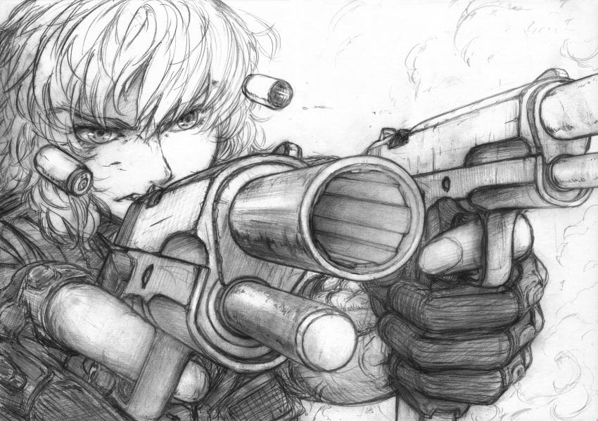 1girl absurdres casing_ejection dual_wielding fingerless_gloves firing gloves gun highres imizu_(nitro_unknown) kirisame_marisa locked_slide military monochrome operator scan shell_casing short_hair smoke solo touhou weapon