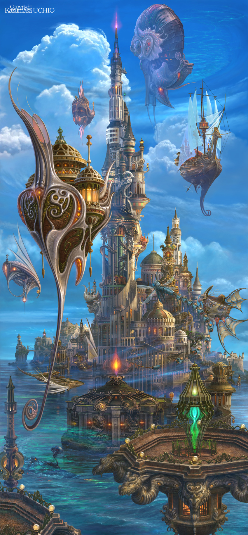 absurdres blue_sky castle clouds fantasy flying highres original partially_submerged ship sky ucchiey water