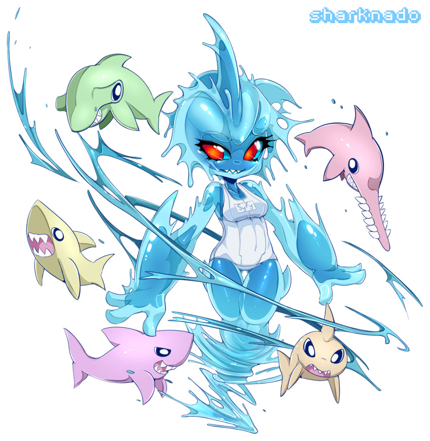 1girl blue_skin breasts copyright_name goo_girl hammerhead_shark head_fins highres monster_girl one-piece_swimsuit personification red_eyes saw_shark school_swimsuit shark shark_girl sharknado slugbox solo_focus swimsuit syfy thigh_gap white_background white_school_swimsuit white_swimsuit