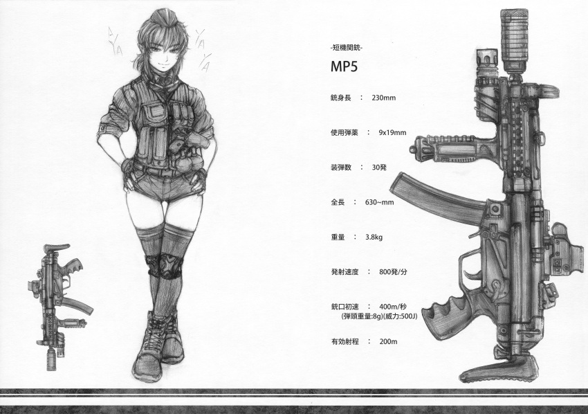 1girl absurdres ankle_boots armpit_holster boots combat_boots crossed_legs_(standing) fingerless_gloves flashlight garrison_cap gloves gun h&amp;k_mp5 hands_on_hips hat heckler_&amp;_koch highres holster imizu_(nitro_unknown) load_bearing_vest monochrome operator pistol scan shameimaru_aya short_hair short_shorts shorts sleeves_rolled_up smile solo submachine_gun thigh-highs touhou translation_request weapon