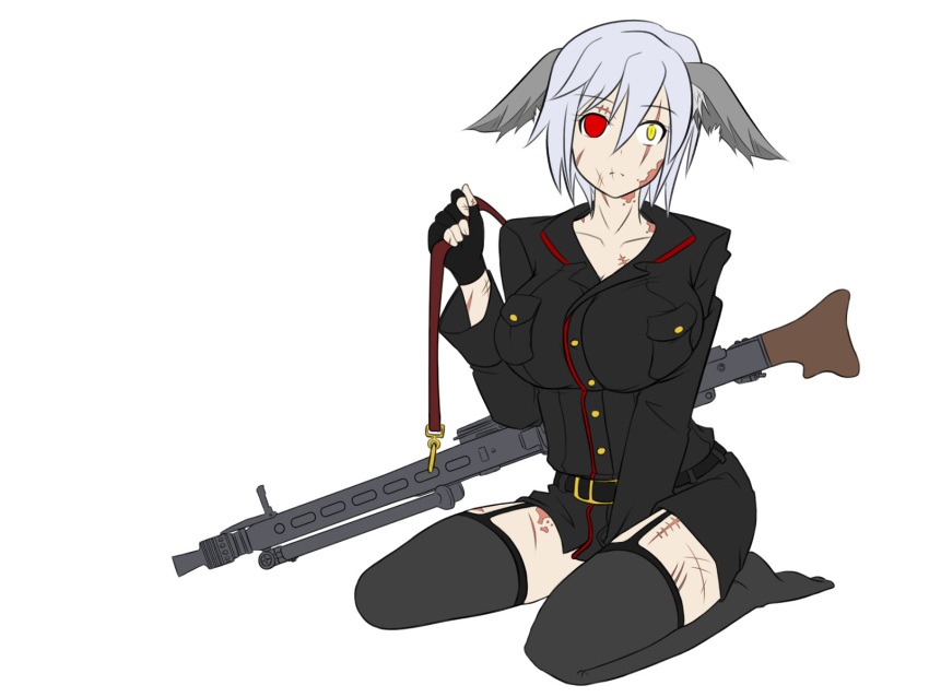 1girl animal_ears black_legwear breasts gun highres large_breasts military military_uniform moodycat scar short_hair simple_background solo thighhighs uniform weapon white_background
