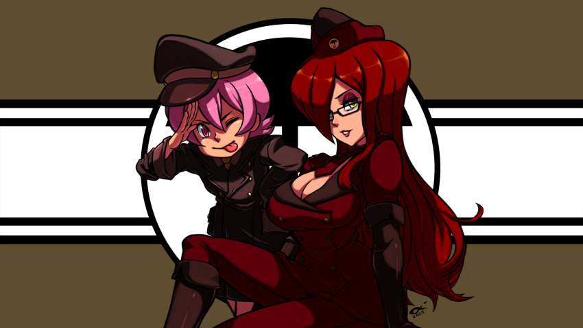 2013 2girls :p ;p age_difference arm_support bent_over beret boots breasts child cleavage dated elbow_gloves glasses gloves hair_over_one_eye hat highres huge_breasts jorby_alano knee_boots lips long_hair looking_at_viewer military military_uniform multiple_girls necktie official_art parasoul_(skullgirls) parted_lips pink_eyes pink_hair redhead salute short_hair siblings sisters sitting skullgirls smile tagme tongue umbrella_(skullgirls) uniform wink yellow_eyes