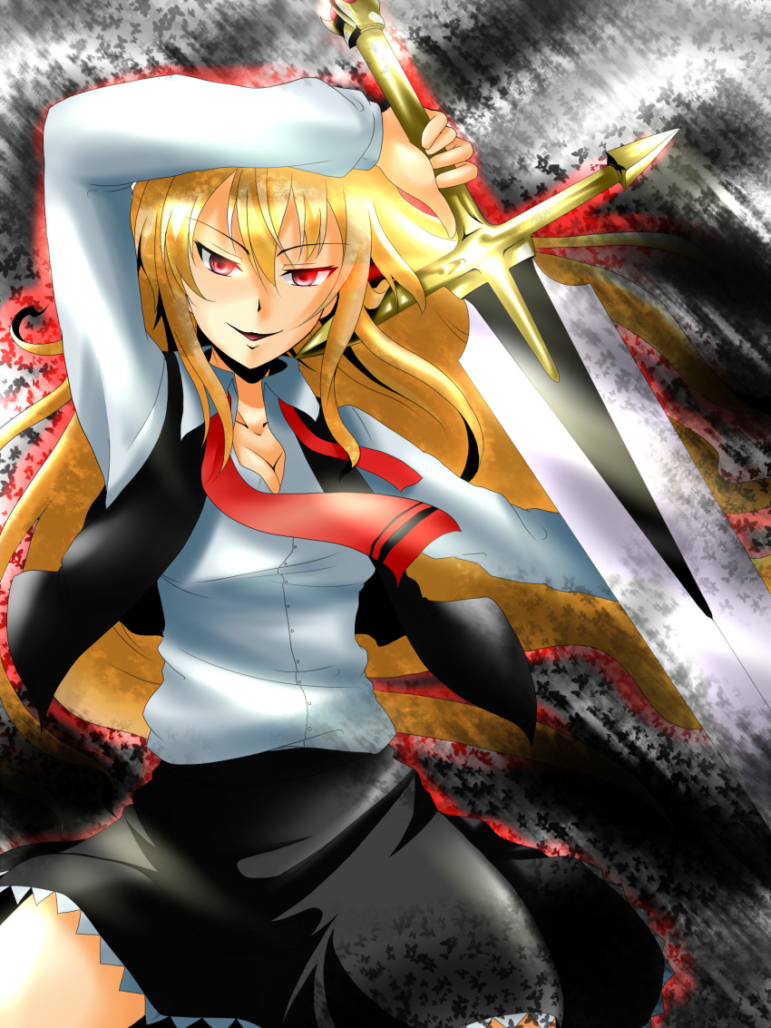 1girl blonde_hair breasts ex-rumia highres hirayama-h long_hair red_eyes rumia solo sword touhou weapon