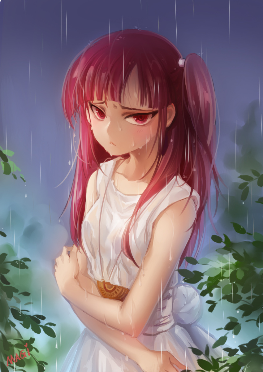 1girl blush crossed_arms dress highres huazha01 long_hair looking_at_viewer magi_the_labyrinth_of_magic morgiana rain red_eyes redhead side_ponytail solo wet wet_clothes