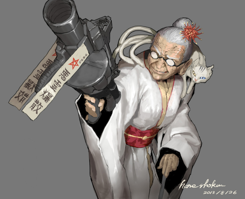 1girl animal_on_shoulder cat cat_on_shoulder dated eyebrows grenade_launcher grey_background grey_hair grin heterochromia hone_shoukan japanese_clothes kimono m32 manly milkor_mgl multiple_tails obi old_woman opaque_glasses pentagram signature smile tail translated walking_stick weapon white_cat wrinkles