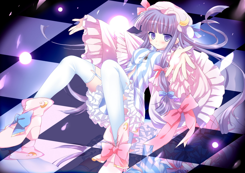 1girl absurdres bangs blunt_bangs blush boots bow checkered checkered_floor cloak cross-laced_footwear dress frills garter_straps glowing hat highres long_hair looking_at_viewer outstretched_hand patchouli_knowledge purple_hair reflection shoes short_dress sitting solo striped striped_dress thigh-highs touhou vanilla_(miotanntann) violet_eyes white_legwear wide_sleeves