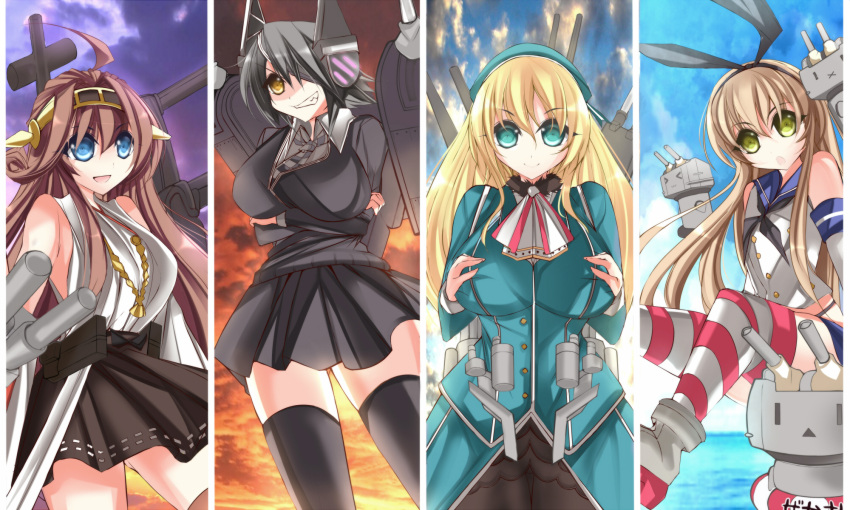 4girls aqua_eyes black_hair blonde_hair blue_eyes brown_eyes brown_hair highres kantai_collection long_hair marionette_(excle) multiple_girls personification shimakaze_(kantai_collection) thighhighs yellow_eyes