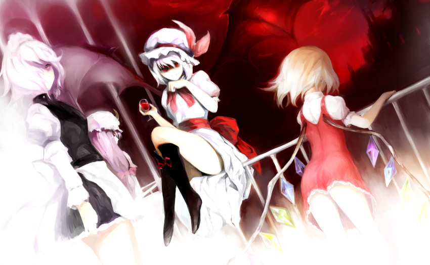 4girls apron bat_wings black_boots black_dress blonde_hair boots crescent dress flandre_scarlet glowing hair_over_one_eye hat hat_ribbon izayoi_sakuya juliet_sleeves knee_boots kyokucho long_hair long_sleeves looking_at_viewer maid maid_headdress multiple_girls no_hat patchouli_knowledge puffy_sleeves purple_hair railing red_dress red_eyes red_sky remilia_scarlet ribbon sash scarlet_devil_mansion shaded_face short_hair short_sleeves silver_hair sitting sky touhou turning very_long_hair waist_apron white_dress wings