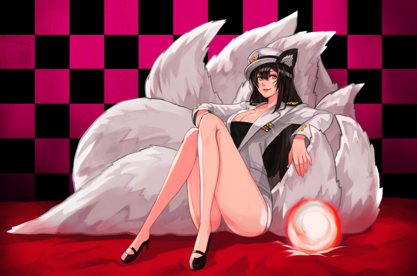 1girl ahri animal_ears black_hair breasts checkered checkered_background cleavage energy_ball fox_ears fox_tail girls'_generation goomrrat hat high_heels league_of_legends long_hair military military_uniform multiple_tails sitting slit_pupils solo tail uniform yellow_eyes