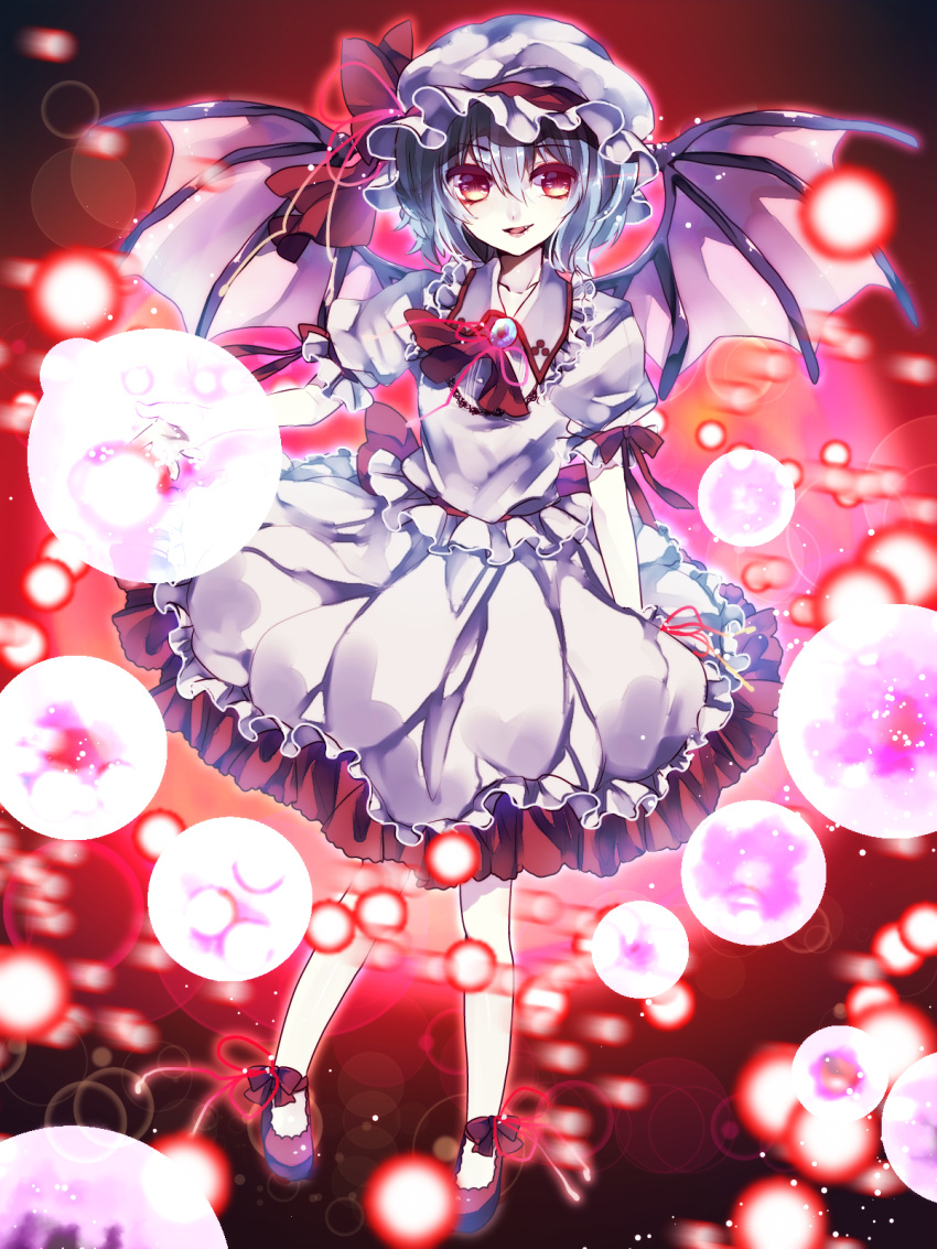 1girl ankle_ribbon ascot aura bat_wings blue_hair brooch danmaku fang ginzuki_ringo hat hat_ribbon highres jewelry looking_at_viewer mob_cap motion_blur no_socks open_hand pale_skin parted_lips puffy_short_sleeves puffy_sleeves red_background red_eyes remilia_scarlet ribbon shoes short_hair short_sleeves skirt skirt_set slit_pupils solo touhou wings