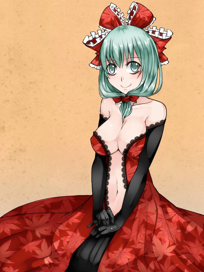 1girl absurdres aoshima bare_shoulders breasts cockeyed dress elbow_gloves front_ponytail gloves green_eyes green_hair hair_ribbon highres kagiyama_hina leaf_print long_hair looking_at_viewer navel no_bra red_dress ribbon smile solo touhou