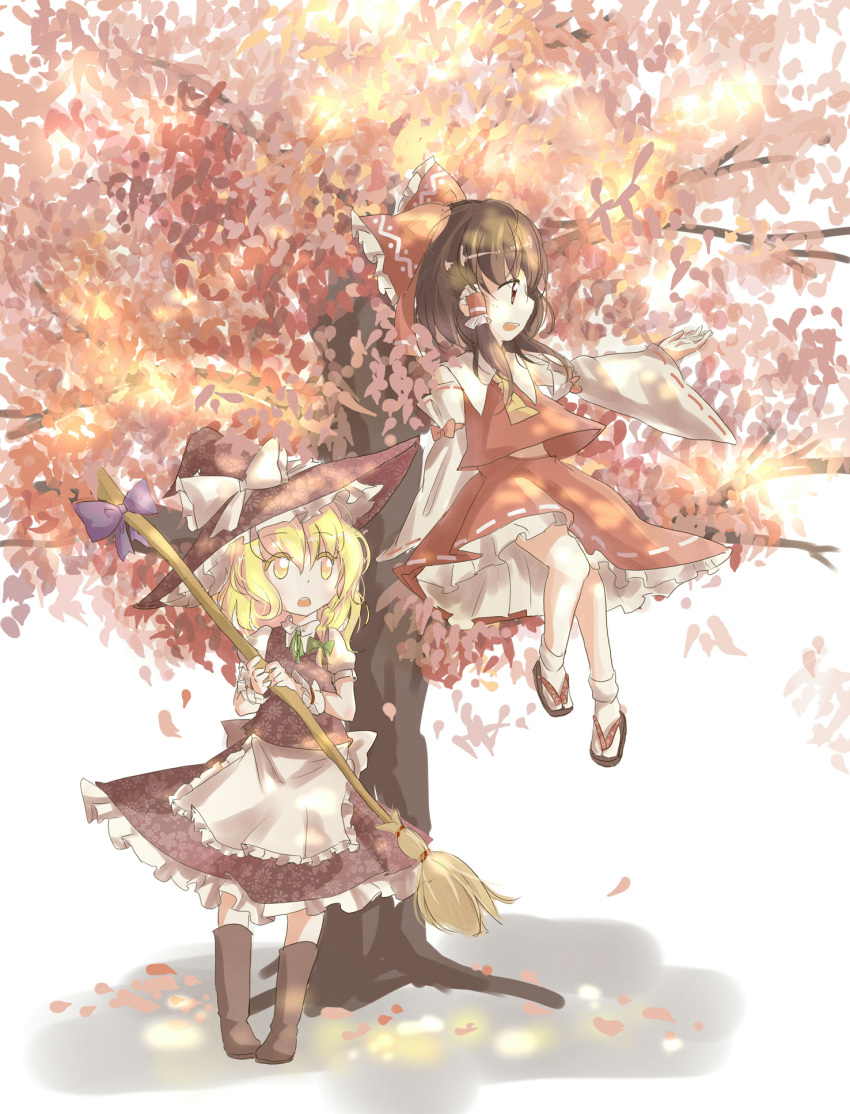 2girls arm_support blonde_hair bow braid broom broom_ribbon brown_eyes brown_hair detached_sleeves floral_print hair_tubes hakurei_reimu hat highres holding kirisame_marisa leaf looking_away multiple_girls open_mouth outstretched_arm pzxx313 short_hair simple_background sitting sitting_on_object tabi touhou tree white_background witch_hat yellow_eyes