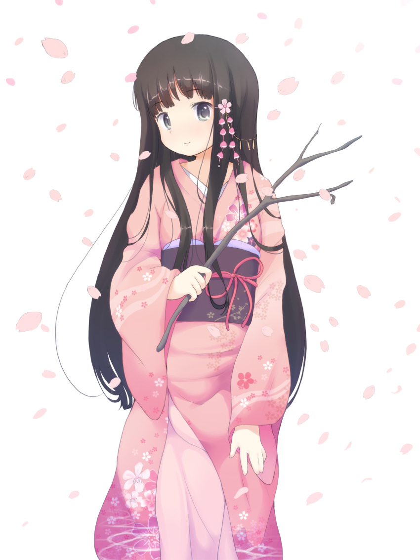 1girl anyannko black_hair highres japanese_clothes kimono long_hair original petals solo violet_eyes