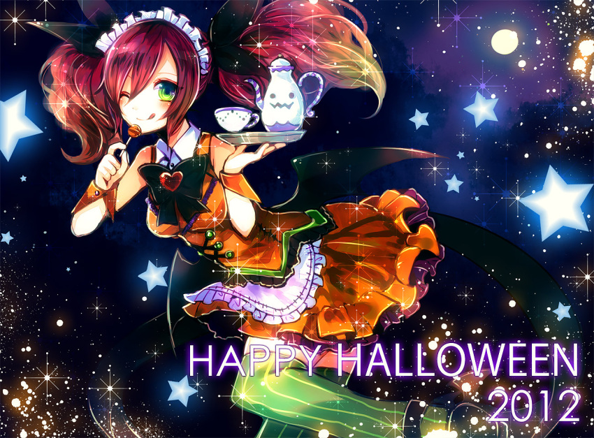 1girl bat_wings bow candy cup dress halloween hose long_hair maid multicolored_eyes orange_dress original redhead sazanami_shione smile solo star teacup thigh-highs twintails wings zettai_ryouiki