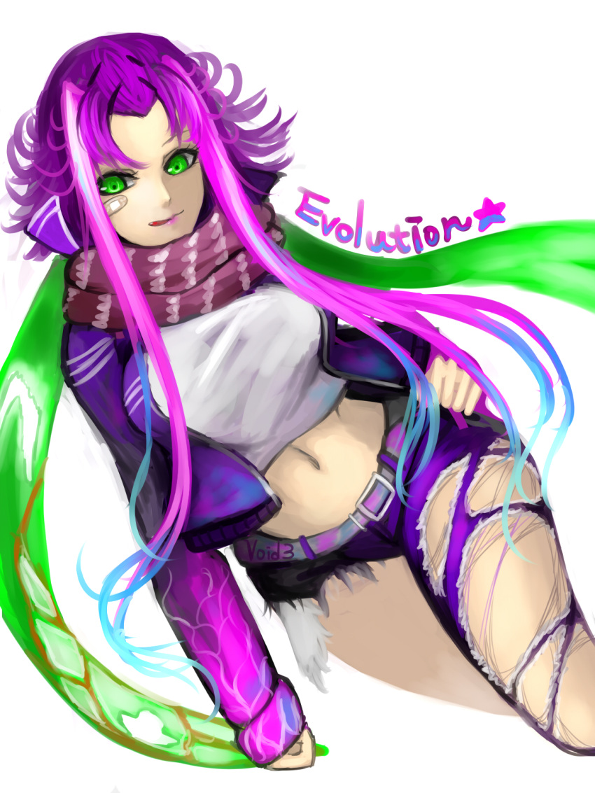 1girl asymmetrical_clothes bandaid belt breasts genderswap green_eyes green_hair hand_on_hip highres kha'zix kumiko_(aleron) large_breasts league_of_legends licking_lips lips long_hair midriff multicolored_hair navel open_clothes open_jacket payot pink_hair scarf single_pantsleg solo torn_clothes torn_pants two-tone_hair