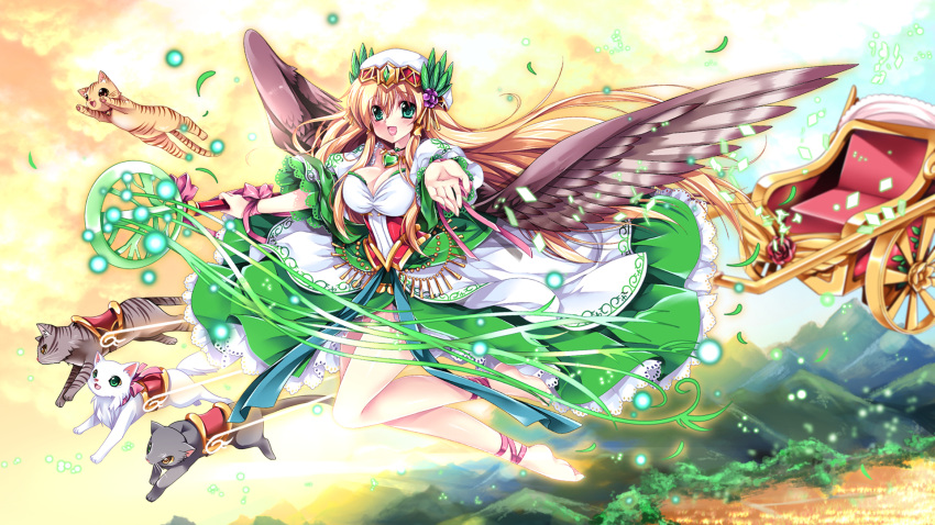 1girl :d black_wings blonde_hair breasts byruu cat cleavage dress freyja_(p&amp;d) green_eyes highres legs open_mouth outstretched_arms puzzle_&amp;_dragons sled smile staff tagme wings