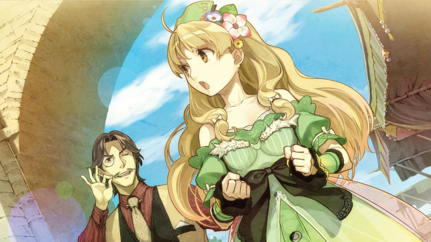 1boy 1girl :o atelier_(series) atelier_ayesha ayesha_altugle blonde_hair bow brown_eyes brown_hair clenched_hands dress dutch_angle flower game_cg hair_flower hair_ornament harry_olson hat hidari_(left_side) long_hair monocle necktie official_art ribbon smile wink