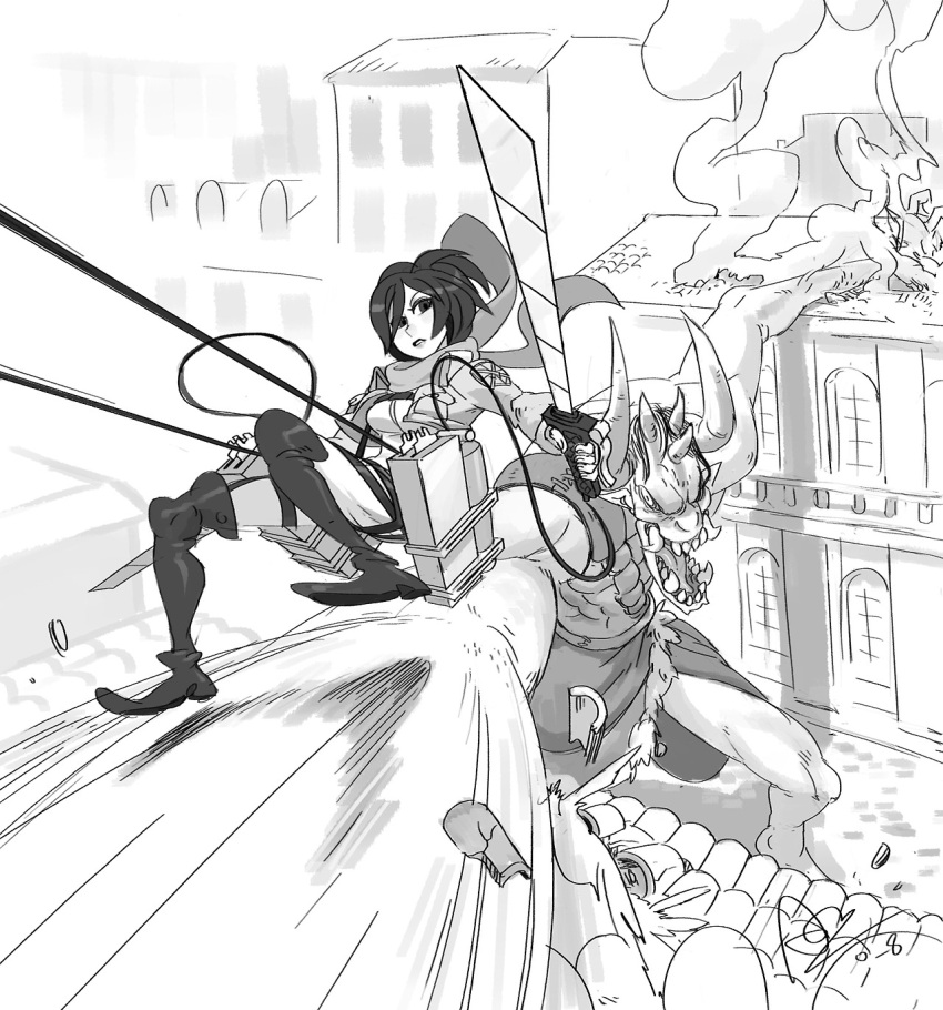 1girl alex_ahad battle boots cable cropped_jacket dodging dual_wielding giant highres horns mikasa_ackerman monochrome monster scarf shingeki_no_kyojin short_hair signature sword thigh-highs thigh_boots three-dimensional_maneuver_gear weapon