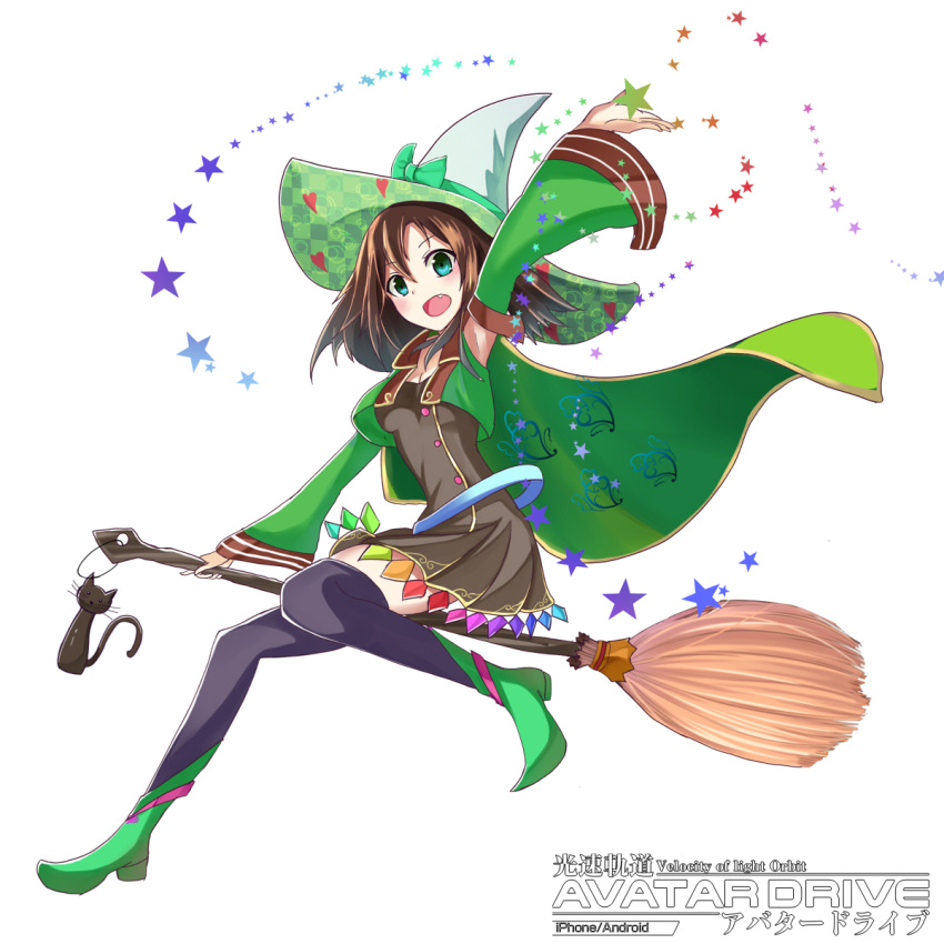 1girl arm_up armpits black_cat black_legwear boots broom broom_riding brown_hair cape cat copyright_name detached_sleeves fang green_eyes hat highres kousoku_kidou_avatar_drive okutomi_fumi open_mouth pointed_boots skirt solo star thighhighs watermark white_background witch_hat