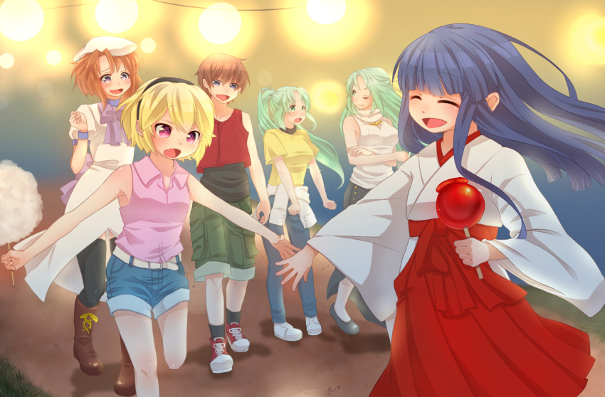 1boy 5girls candy_apple cotton_candy drooling fang furude_rika hakama hanyuu higurashi_no_naku_koro_ni houjou_satoko japanese_clothes maebara_keiichi miko multiple_girls nokko ryuuguu_rena shorts sleeveless sonozaki_mion sonozaki_shion thigh-highs