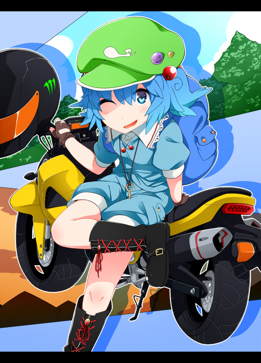 1girl backpack bag blue_eyes blue_hair collagen hair_bobbles hair_ornament hat highres kawashiro_nitori letterboxed short_hair solo touhou wink