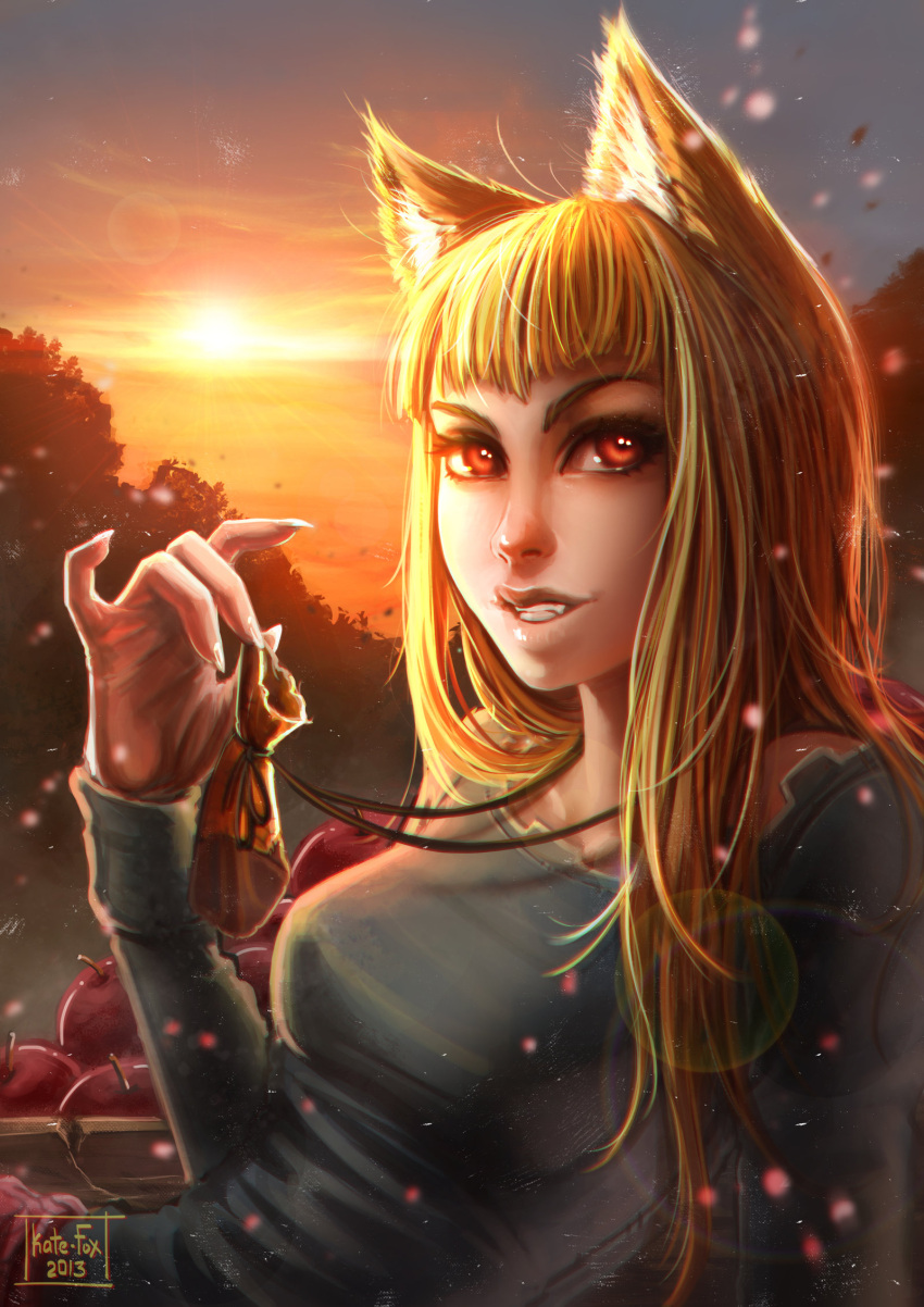 1girl 2013 animal_ears apple artist_name bangs breasts collarbone dated eyelashes fingernails food fruit grin highres holo kate-fox lens_flare long_hair long_sleeves orange_hair pouch red_eyes smile solo spice_and_wolf sunset wolf_ears
