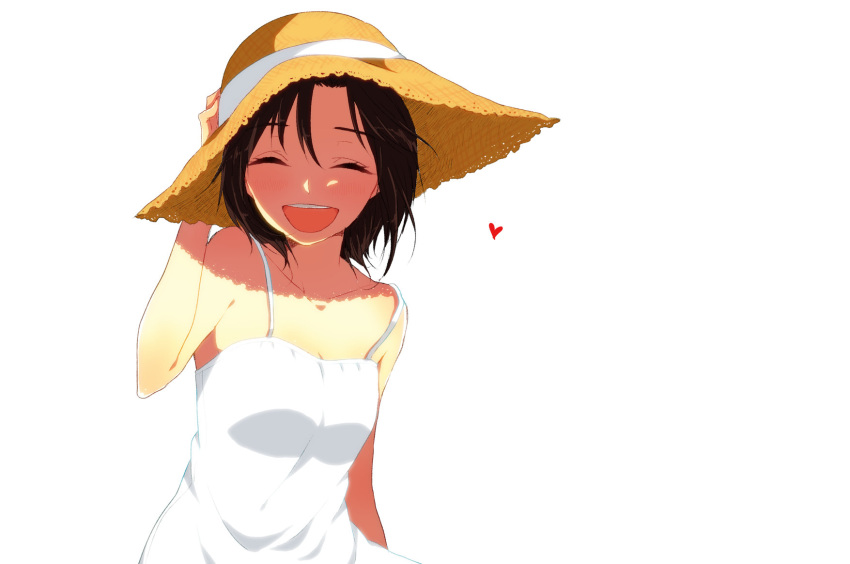black_hair dress hat heart highres idolmaster iketsuko kikuchi_makoto short_hair simple_background smile straw_hat