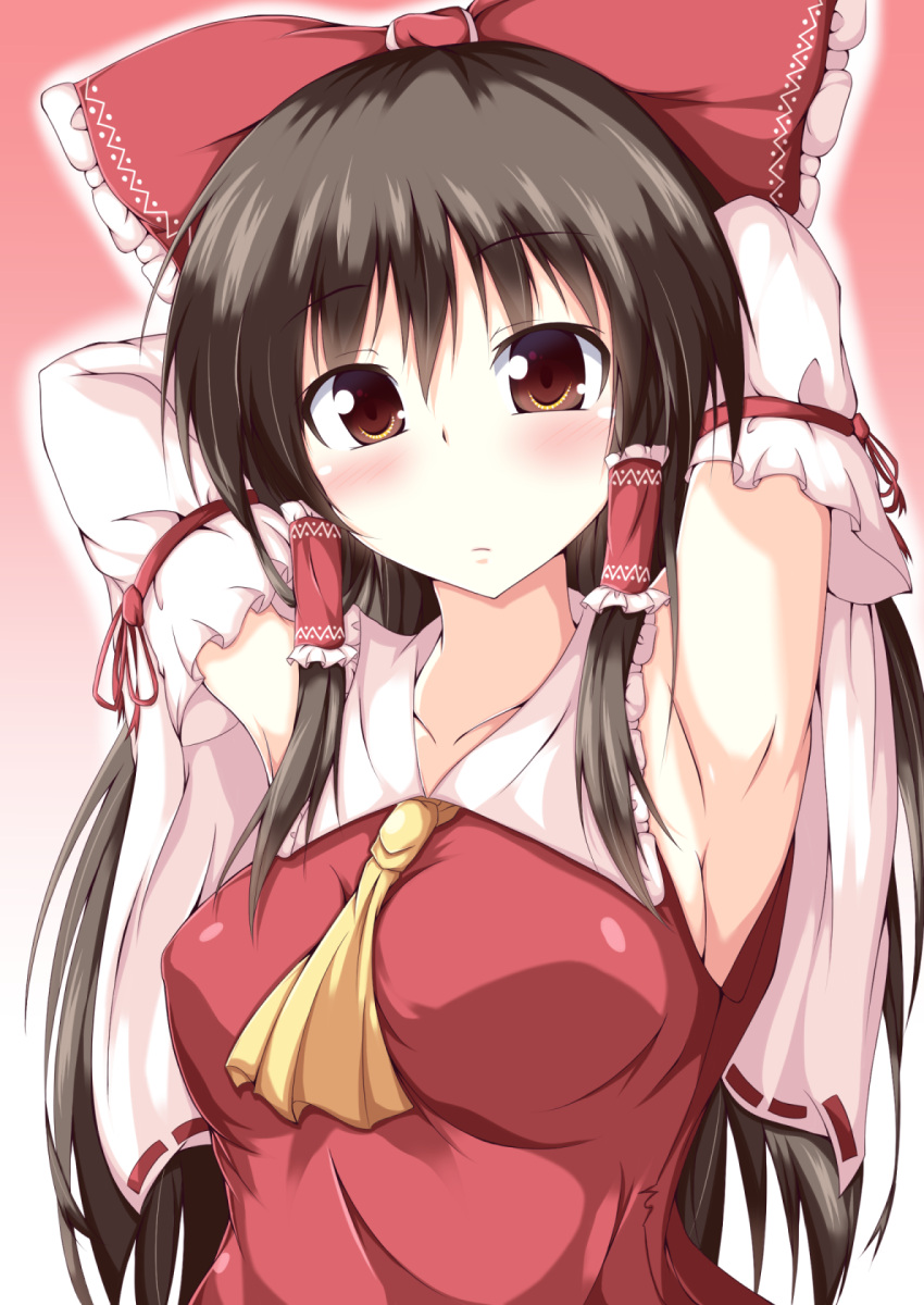 1girl armpits arms_behind_head arms_up ascot between_breasts black_hair blush bow breasts brown_eyes bust collarbone detached_sleeves gradient gradient_background hair_bow hair_tubes hakurei_reimu highres large_breasts long_hair long_sleeves looking_at_viewer naba_(take_tonbo) red_eyes ribbon solo touhou very_long_hair white_background wide_sleeves