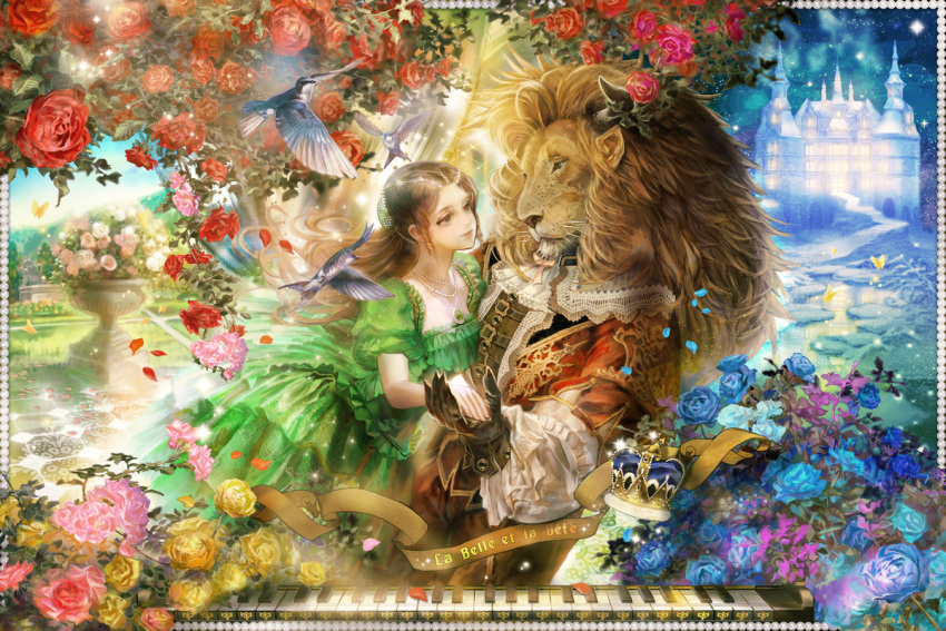 1boy 1girl beauty_and_the_beast bird blue_rose brown_hair castle cravat crown dancing dress flower furry gown jewelry looking_at_another mid_(midlibro) necklace piano_keys pink_rose red_rose rose yellow_rose