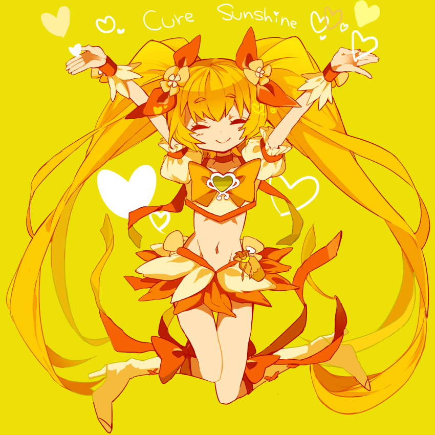 1girl arms_up blonde_hair character_name closed_eyes cure_sunshine green_background heart heartcatch_precure! jumping long_hair midriff myoudouin_itsuki navel outstretched_arms precure simple_background smile solo twintails yuucho_(cololal)