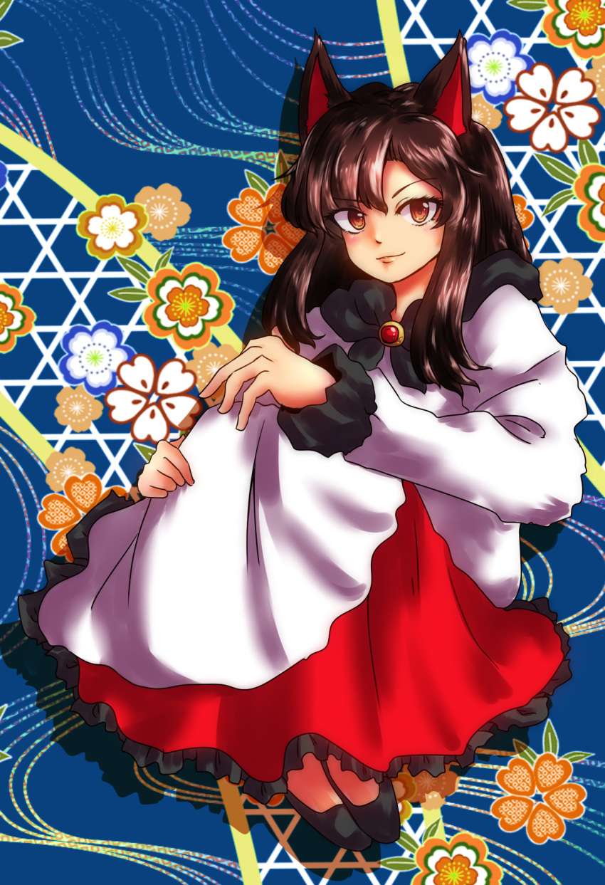 1girl animal_ears brooch brown_hair dress floral_background highres imaizumi_kagerou jewelry long_hair long_sleeves parted_lips red_eyes smile solo toluda touhou wolf_ears