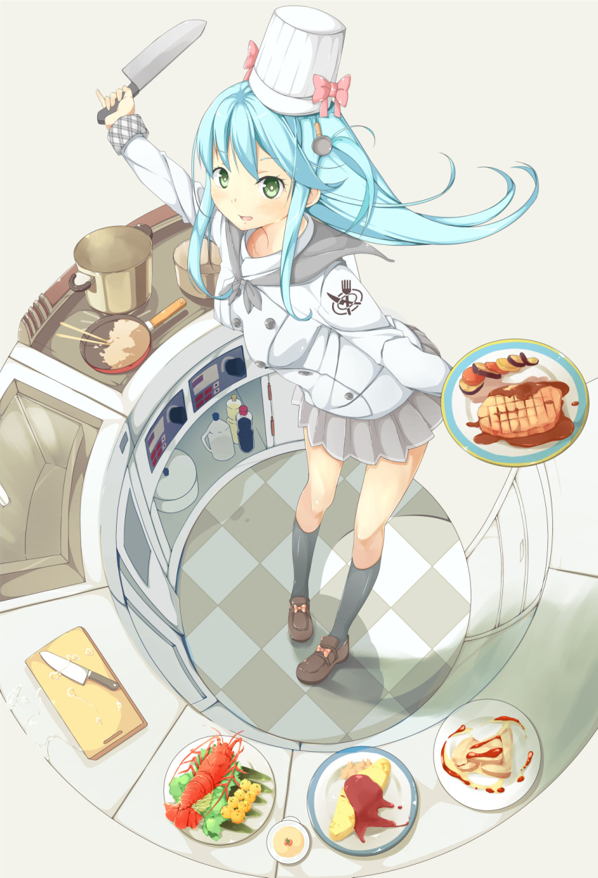 1girl blue_hair breasts checkered checkered_floor chef chef_hat chopsticks cooking cutting_board dishes emblem food fork frying_pan green_eyes hat highres kitchen knife lobster long_hair original pot shizuka_(deatennsi) sink solo steak tagme