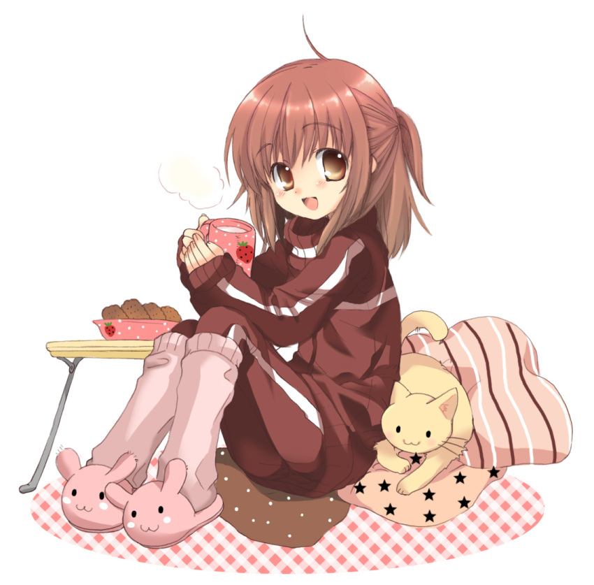 blush brown_eyes brown_hair cat cup flat_chest food izumi_rei kneehighs loli original pillow sleeves_past_wrist sleeves_past_wrists slippers smile socks solo table track_jacket