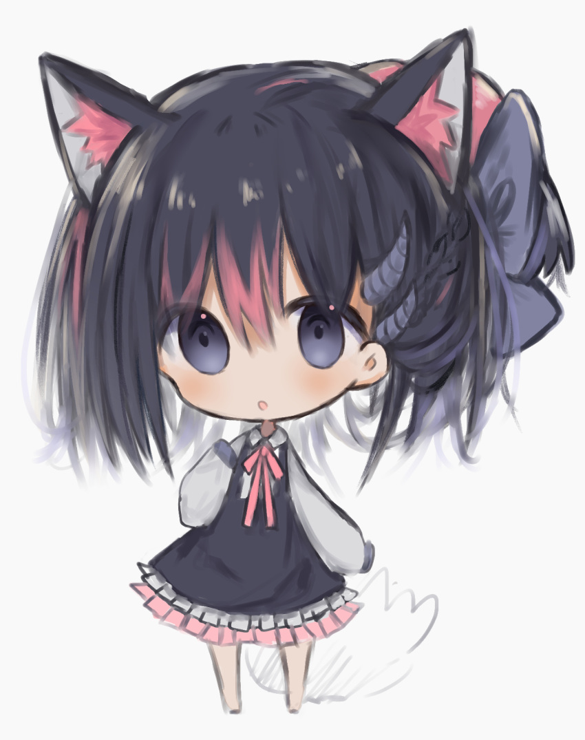 1girl :o animal_ear_fluff animal_ears bangs barefoot black_dress black_hair blue_bow blush bow braid chibi collared_shirt cottontailtokki dress full_body grey_background hair_between_eyes hair_bow highres horns long_hair long_sleeves looking_at_viewer multicolored_hair original parted_lips puffy_long_sleeves puffy_sleeves redhead shirt simple_background sleeveless sleeveless_dress sleeves_past_fingers sleeves_past_wrists solo standing two-tone_hair white_shirt