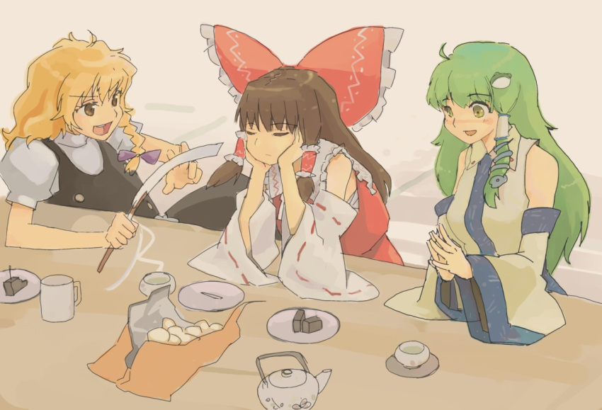 arm_support blonde_hair bow brown_hair chin_rest closed_eyes cup detached_sleeves food frog gohei green_eyes green_hair hair_bow hair_ornament hakurei_reimu hat japanese_clothes kirisame_marisa kochiya_sanae large_bow long_hair miko mug multiple_girls no_hat no_headwear pinzu short_hair snake steepled_fingers table teapot touhou wagashi witch_hat yellow_eyes youkan_(food)