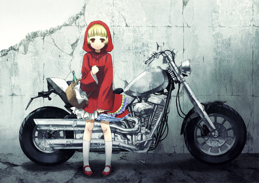 basket blonde_hair bob_cut bottle brown_eyes dress grimm's_fairy_tales highres hoodie kaya8 kneehighs little_red_riding_hood little_red_riding_hood_(grimm) mary_janes motor_vehicle motorcycle shoes socks vehicle