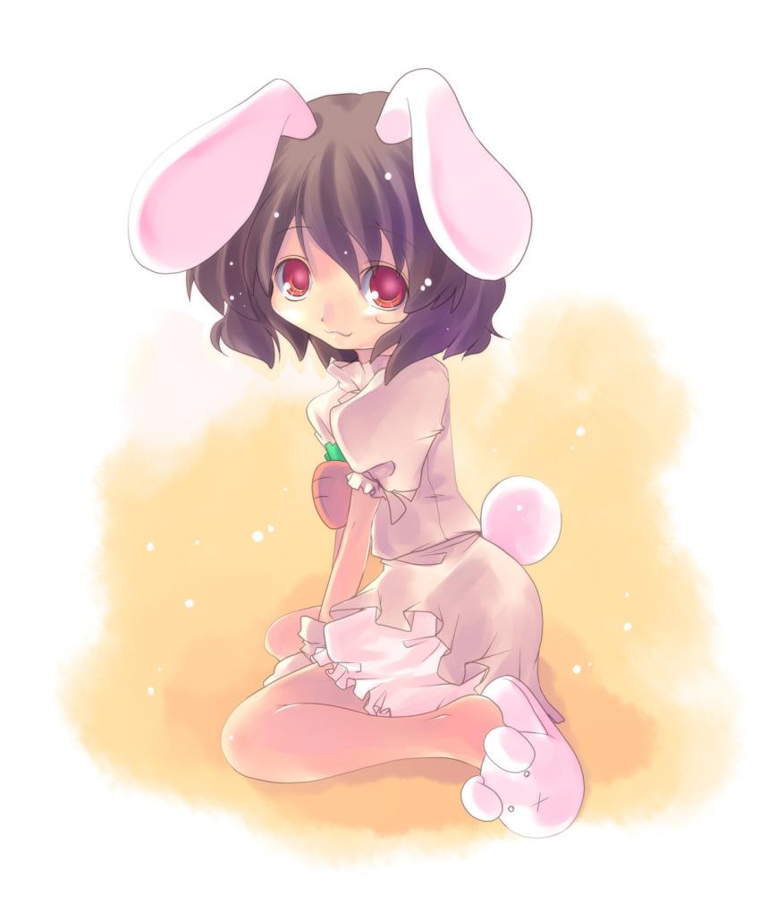 animal_ears brown_hair bunny_ears bunny_slippers bunny_tail highres inaba_tewi okota_(artist) rabbit_ears red_eyes short_hair slippers solo tail touhou