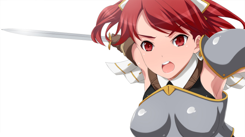 armor bare_shoulders cecily_cambell cecily_campbell highres kuriyama_kuriotoko open_mouth red_eyes red_hair redhead seiken_no_blacksmith solo sword wallpaper weapon