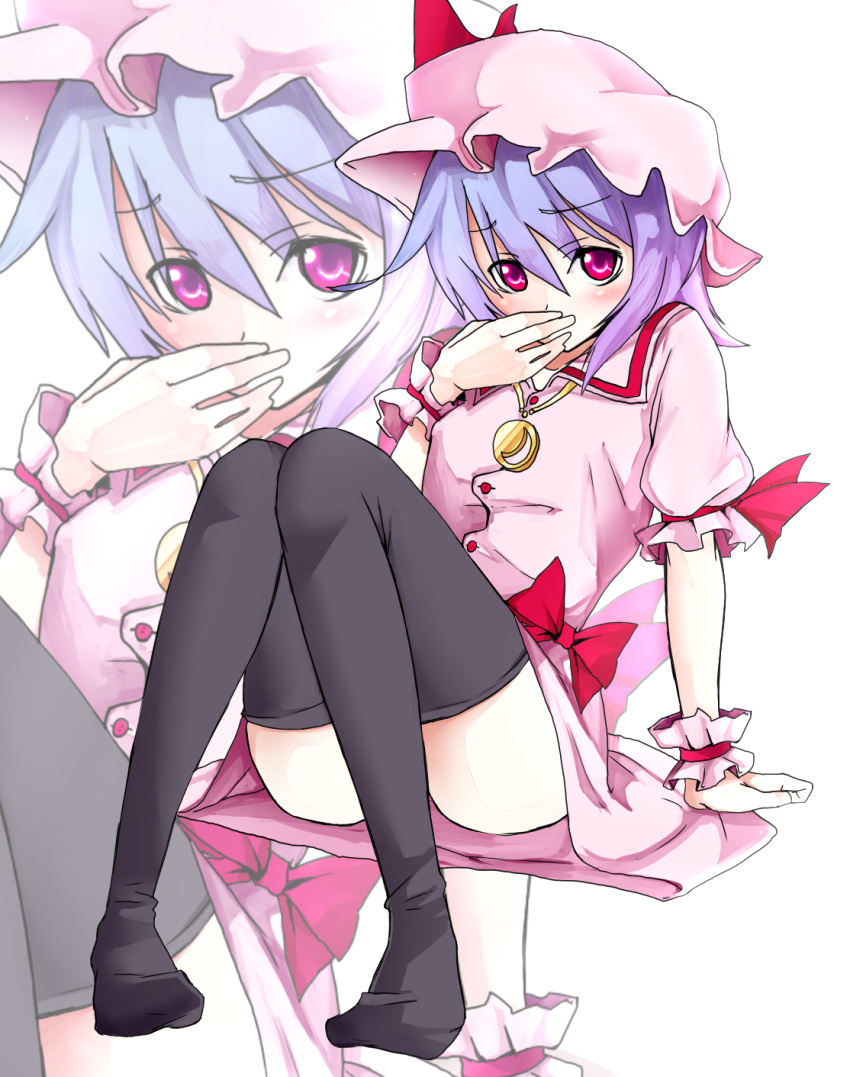 bad_id covering_mouth hands hat highres purple_hair red_eyes remilia_scarlet shiro_(pixiv_76048) shirofox short_hair solo thighhighs touhou zoom_layer
