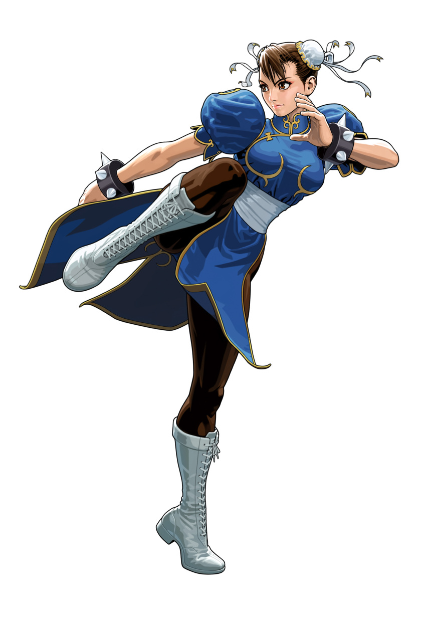1girl absurdres blue_dress boots bracelet brown_eyes brown_hair bun_cover capcom china_dress chinadress chinese_clothes chun-li closed_mouth cross-laced_footwear double_bun dress eyeshadow female fighting_stance full_body gold_trim highres jewelry knee_boots lace-up_boots leg_up lips looking_away looking_to_the_side official_art one_leg_raised pantyhose pelvic_curtain puffy_short_sleeves puffy_sleeves sash shinkiro short_hair simple_background solo spiked_bracelet spikes standing_on_one_leg street_fighter tatsunoko_vs_capcom white_background