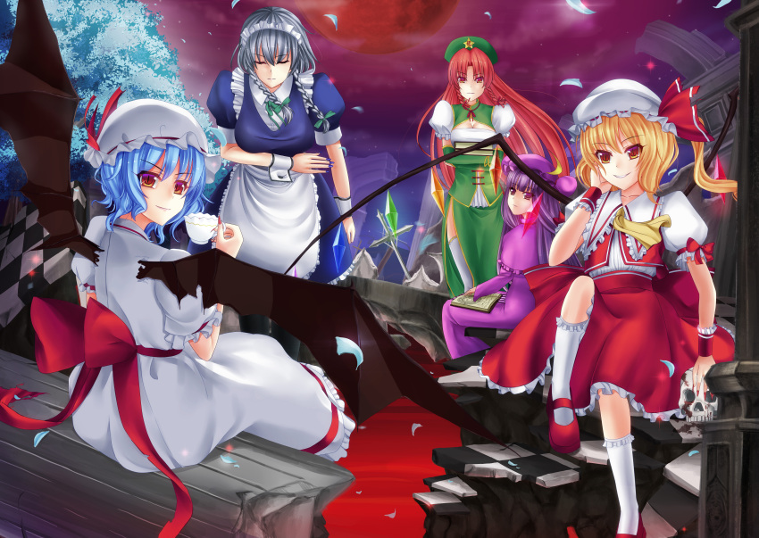 5girls absurdres apron bat_wings blonde_hair book bowing braid breasts bridal_gauntlets cleavage cleavage_cutout corset crossed_arms cup flandre_scarlet flat_chest hat highres hong_meiling izayoi_sakuya long_hair maid maid_headdress moon multiple_girls nail_polish open_book patchouli_knowledge puffy_short_sleeves puffy_sleeves purple_hair rayxray red_eyes red_moon redhead remilia_scarlet short_hair short_sleeves side_ponytail silver_hair slit_pupils smile socks star teacup thigh-highs touhou twin_braids violet_eyes waist_apron wings wrist_cuffs