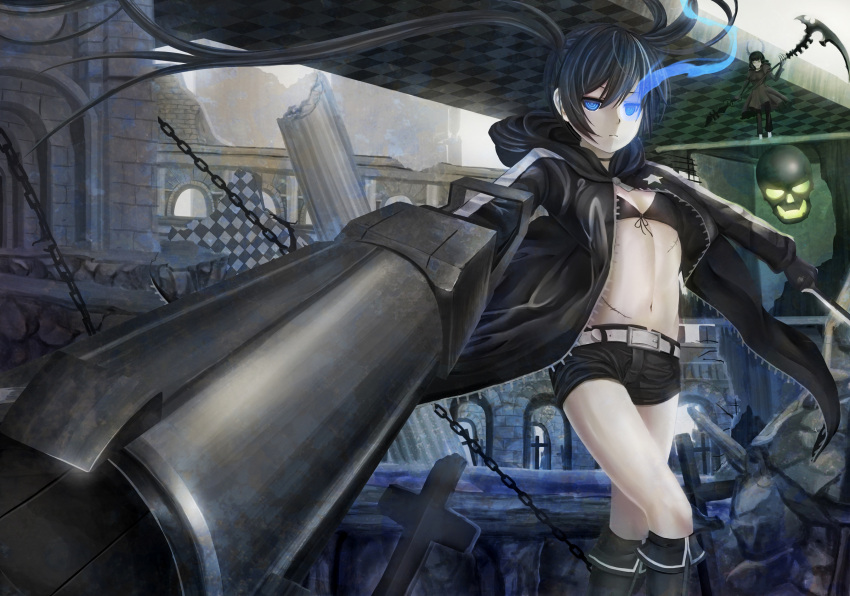 2girls arm_cannon asymmetrical_hair belt bikini_top black_dress black_gloves black_hair black_rock_shooter black_rock_shooter_(character) blue_eyes boots chain checkered checkered_floor cross dead_master dress dual_wielding expressionless flat_chest gloves glowing glowing_eye green_eyes highres hooded_jacket horns huge_weapon knee_boots multiple_girls navel open_clothes open_jacket pale_skin rayxray ruins scar scythe short_shorts shorts skull solo_focus sword twintails weapon