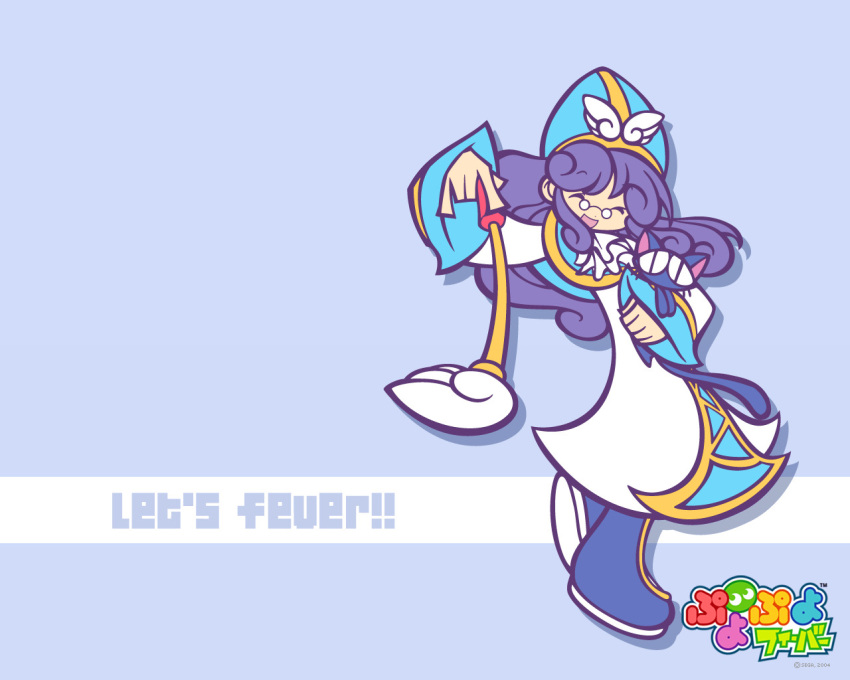 1girl 2004 accord_sensei blue_background boots cat closed_eyes copyright_name cravat dress glasses hat long_hair official_art pince-nez popoi purple_hair puyopuyo puyopuyo_fever smile takenami_hideyuki wallpaper wand